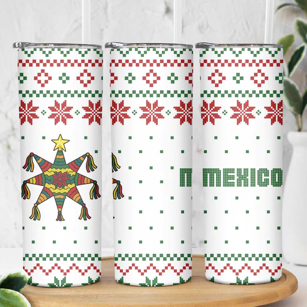 Mexico Christmas Skinny Tumbler with Piñata Star Design and Red Green Snowflake Pattern - Wonder Print Shop