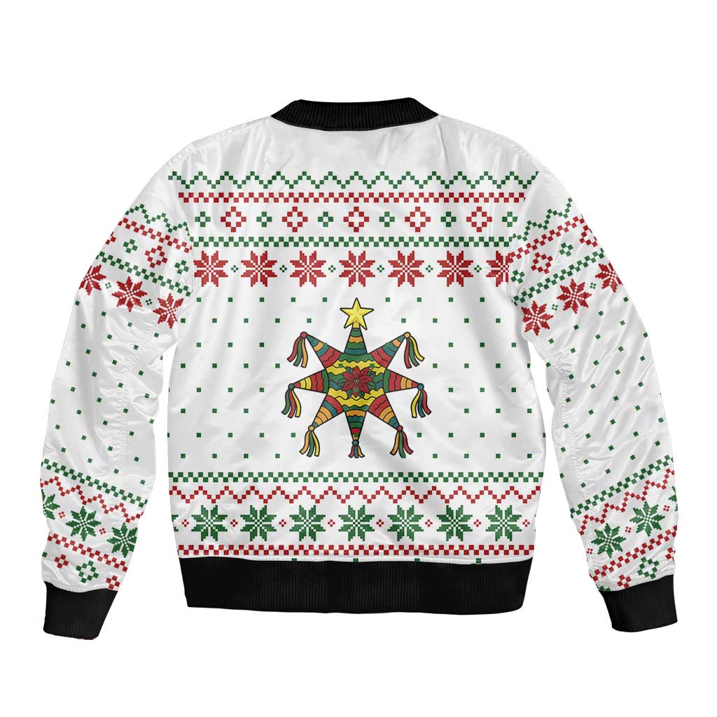 Mexico Christmas Sleeve Zip Bomber Jacket with Piñata Star Design and Red Green Snowflake Pattern - Wonder Print Shop