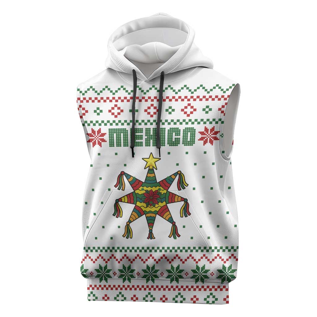 Mexico Christmas Sleeveless Hoodie with Piñata Star Design and Red Green Snowflake Pattern - Wonder Print Shop