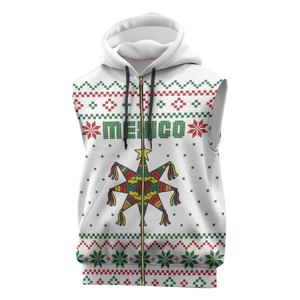 Mexico Christmas Sleeveless Zip Hoodie with Piñata Star Design and Red Green Snowflake Pattern - Wonder Print Shop