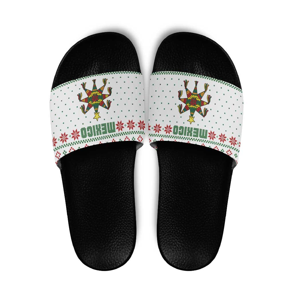 Mexico Christmas Slide Sandals with Piñata Star Design and Red Green Snowflake Pattern - Wonder Print Shop