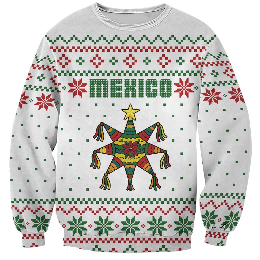 Mexico Christmas Sweatshirt with Piñata Star Design and Red Green Snowflake Pattern - Wonder Print Shop