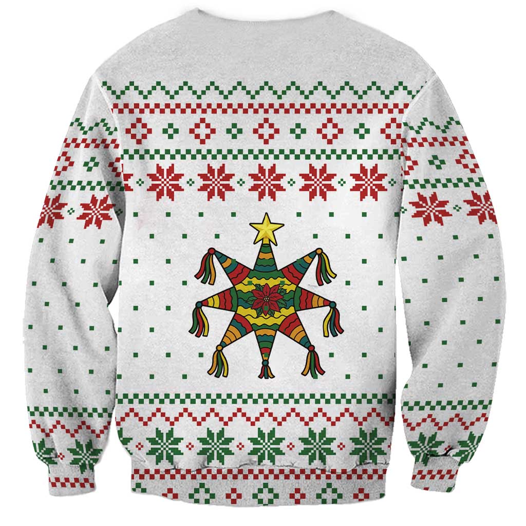 Mexico Christmas Sweatshirt with Piñata Star Design and Red Green Snowflake Pattern - Wonder Print Shop