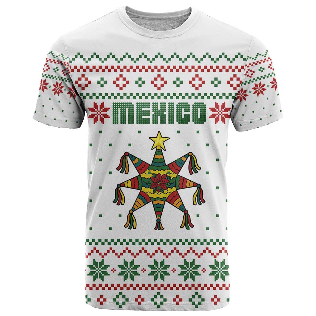 Mexico Christmas T Shirt with Piñata Star Design and Red Green Snowflake Pattern - Wonder Print Shop