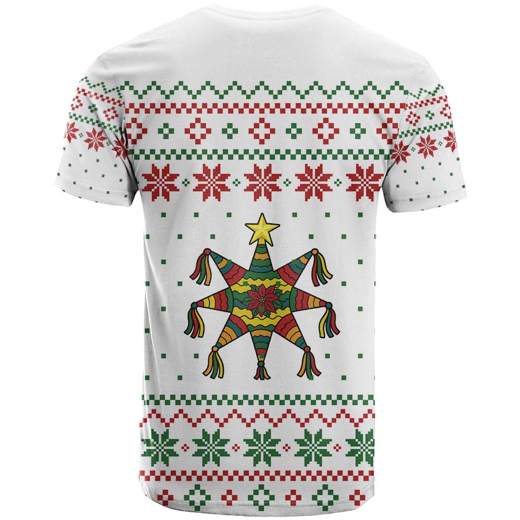 Mexico Christmas T Shirt with Piñata Star Design and Red Green Snowflake Pattern - Wonder Print Shop