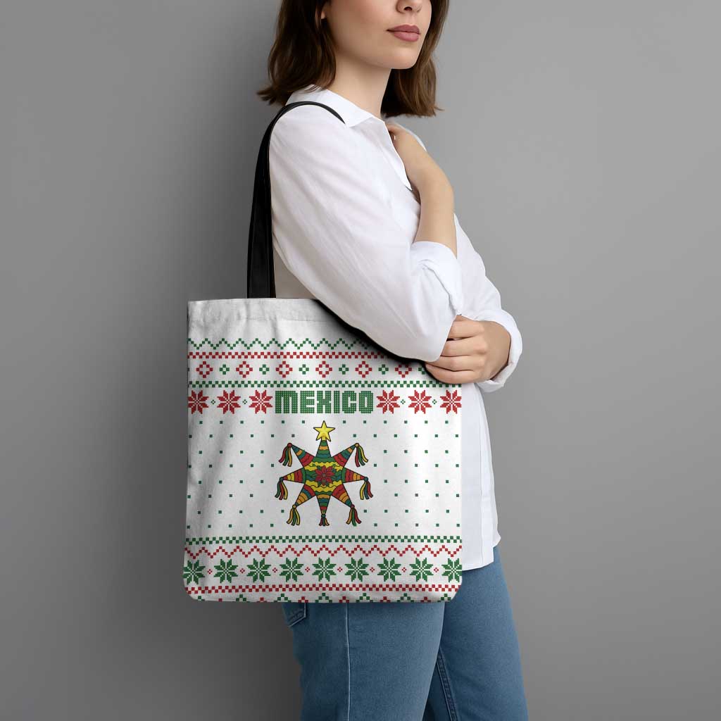 Mexico Christmas Tote Bag with Piñata Star Design and Red Green Snowflake Pattern - Wonder Print Shop