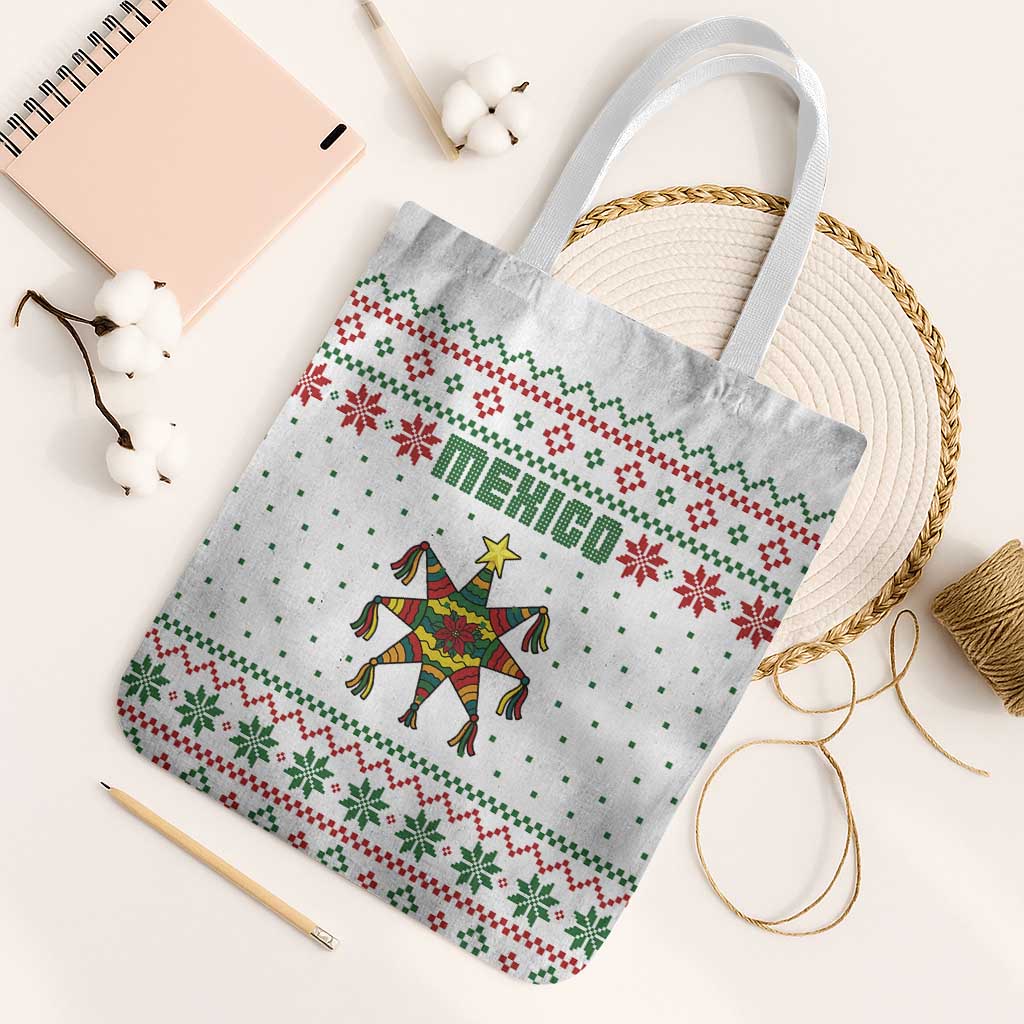 Mexico Christmas Tote Bag with Piñata Star Design and Red Green Snowflake Pattern - Wonder Print Shop