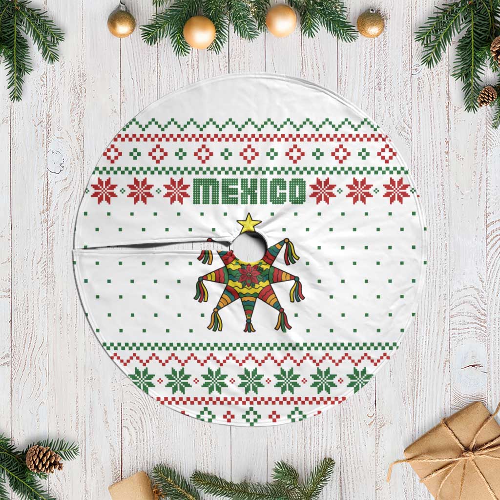 Mexico Christmas Tree Skirt with Piñata Star Design and Red Green Snowflake Pattern - Wonder Print Shop