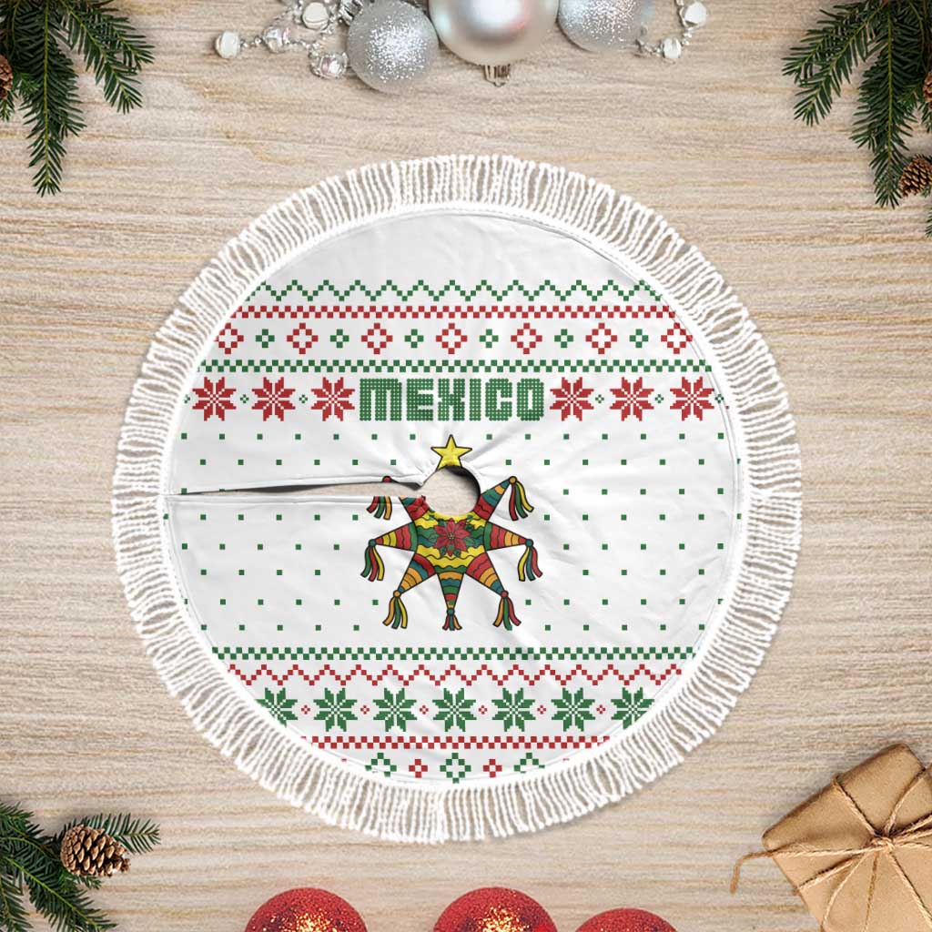 Mexico Christmas Tree Skirt with Piñata Star Design and Red Green Snowflake Pattern - Wonder Print Shop