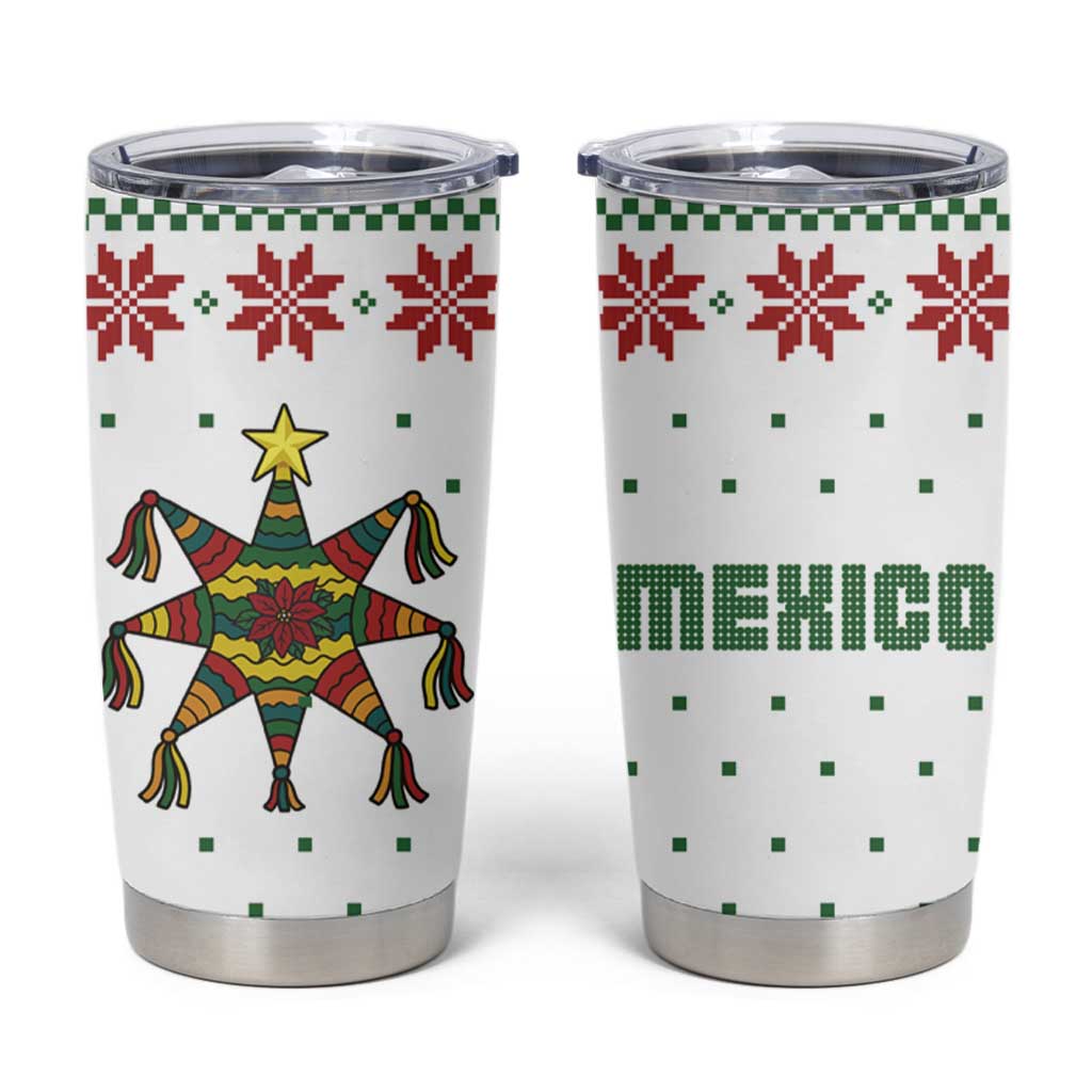 Mexico Christmas Tumbler Cup with Piñata Star Design and Red Green Snowflake Pattern - Wonder Print Shop