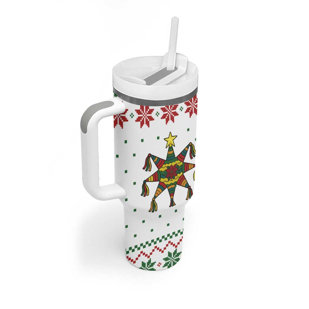 Mexico Christmas Tumbler With Handle with Piñata Star Design and Red Green Snowflake Pattern - Wonder Print Shop