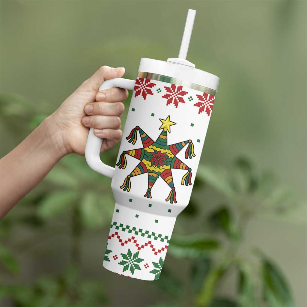 Mexico Christmas Tumbler With Handle with Piñata Star Design and Red Green Snowflake Pattern - Wonder Print Shop