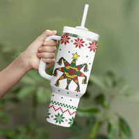 Mexico Christmas Tumbler With Handle with Piñata Star Design and Red Green Snowflake Pattern - Wonder Print Shop