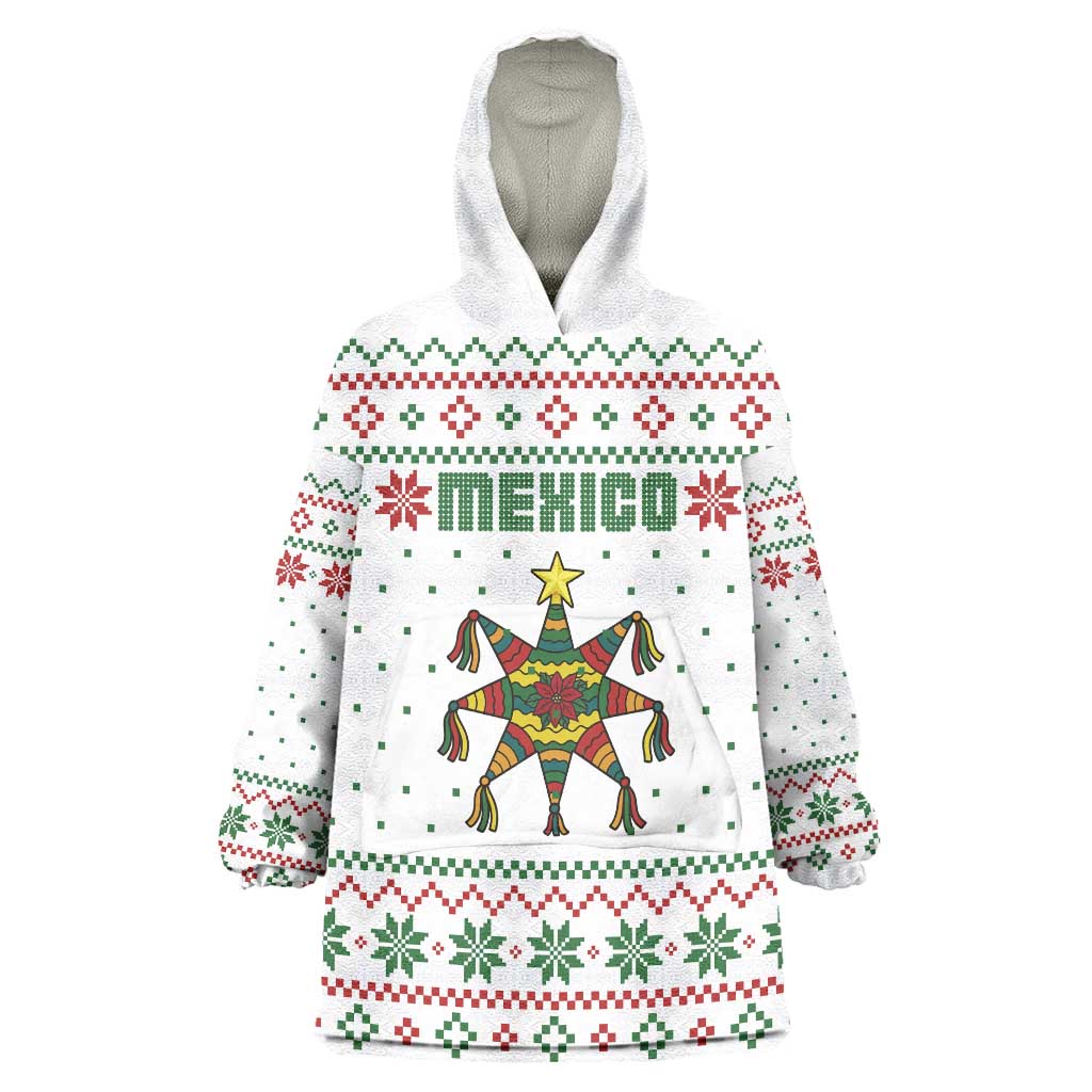 Mexico Christmas Wearable Blanket Hoodie with Piñata Star Design and Red Green Snowflake Pattern - Wonder Print Shop
