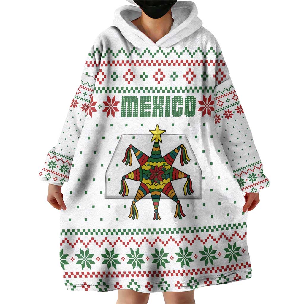 Mexico Christmas Wearable Blanket Hoodie with Piñata Star Design and Red Green Snowflake Pattern - Wonder Print Shop