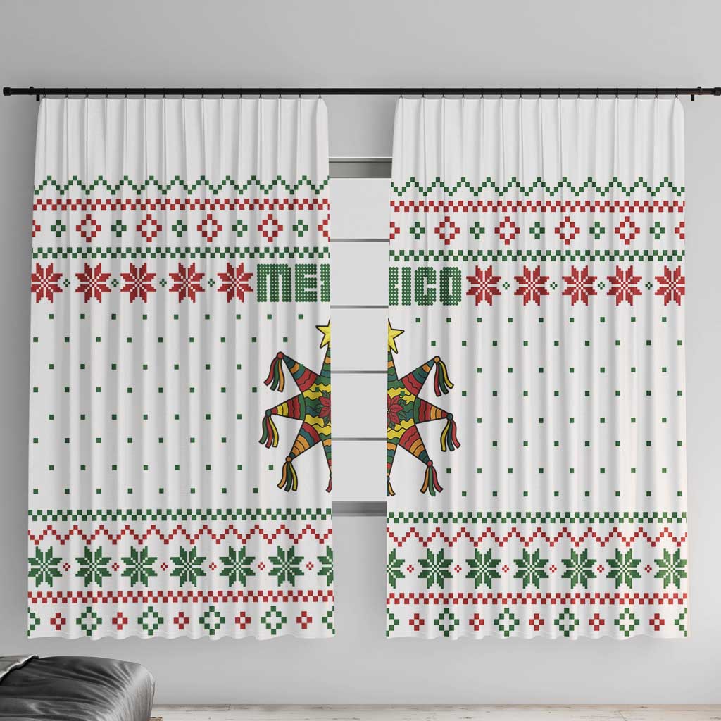 Mexico Christmas Window Curtain with Piñata Star Design and Red Green Snowflake Pattern - Wonder Print Shop