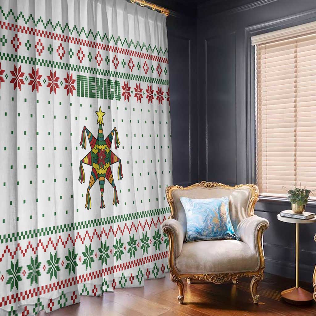 Mexico Christmas Window Curtain with Piñata Star Design and Red Green Snowflake Pattern - Wonder Print Shop