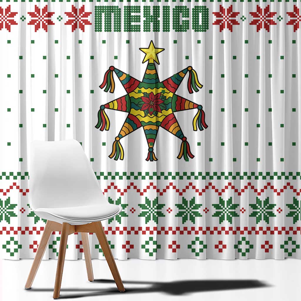 Mexico Christmas Window Curtain with Piñata Star Design and Red Green Snowflake Pattern - Wonder Print Shop