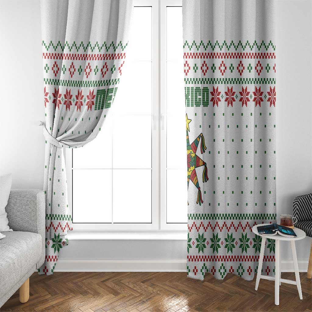 Mexico Christmas Window Curtain with Piñata Star Design and Red Green Snowflake Pattern - Wonder Print Shop