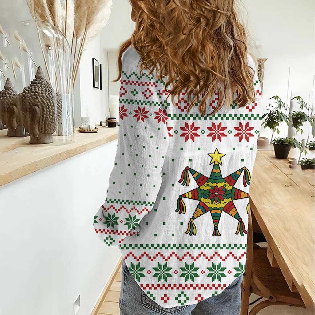Mexico Christmas Women Casual Shirt with Piñata Star Design and Red Green Snowflake Pattern - Wonder Print Shop