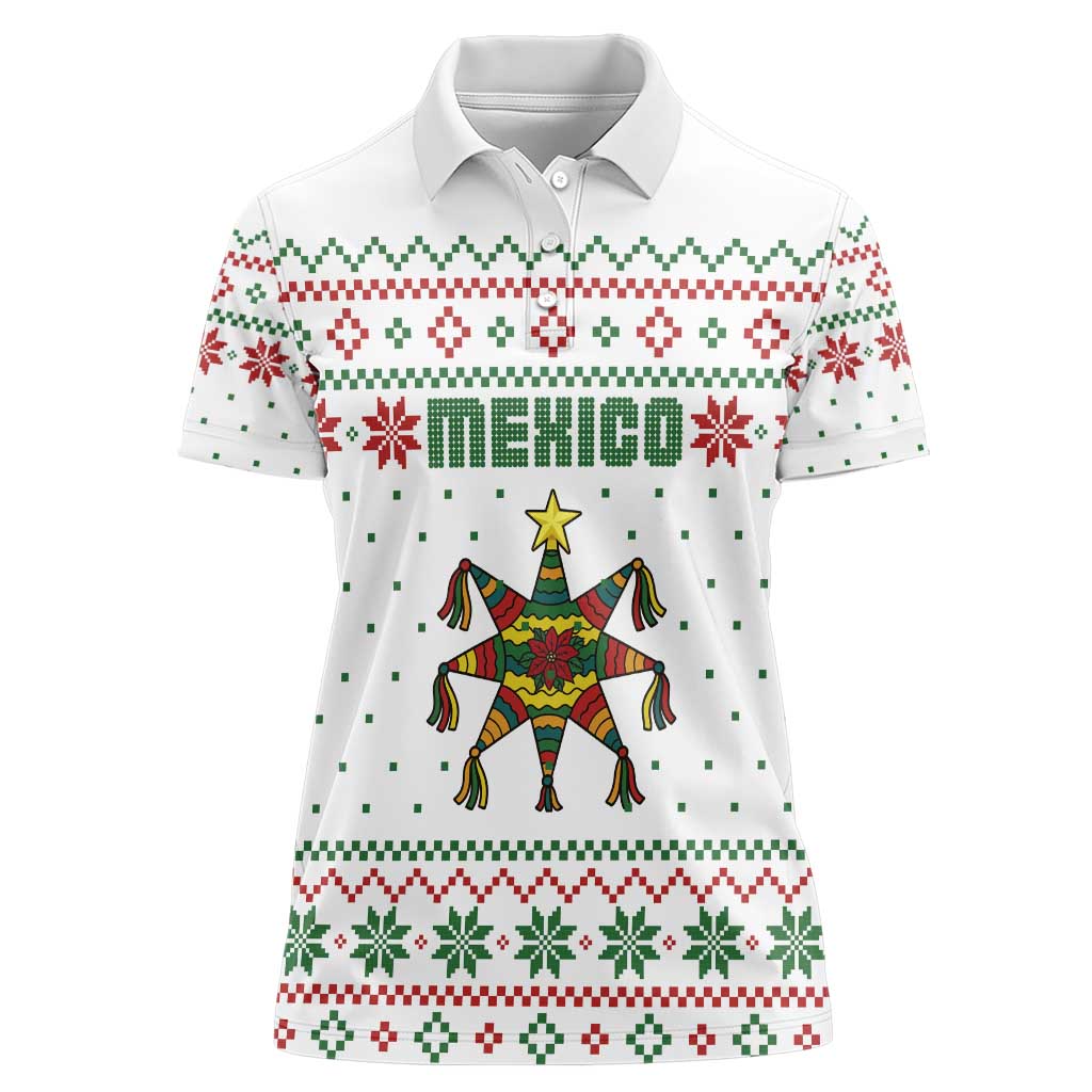 Mexico Christmas Women Polo Shirt with Piñata Star Design and Red Green Snowflake Pattern - Wonder Print Shop