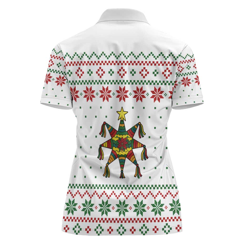 Mexico Christmas Women Polo Shirt with Piñata Star Design and Red Green Snowflake Pattern - Wonder Print Shop