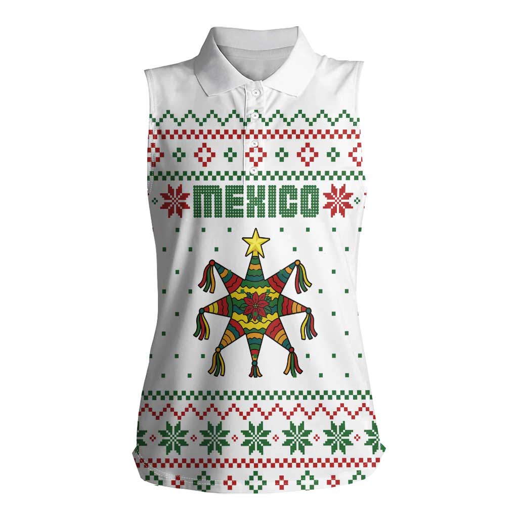 Mexico Christmas Women Sleeveless Polo Shirt with Piñata Star Design and Red Green Snowflake Pattern - Wonder Print Shop