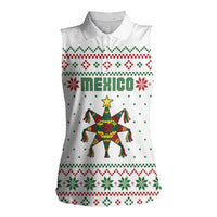 Mexico Christmas Women Sleeveless Polo Shirt with Piñata Star Design and Red Green Snowflake Pattern - Wonder Print Shop