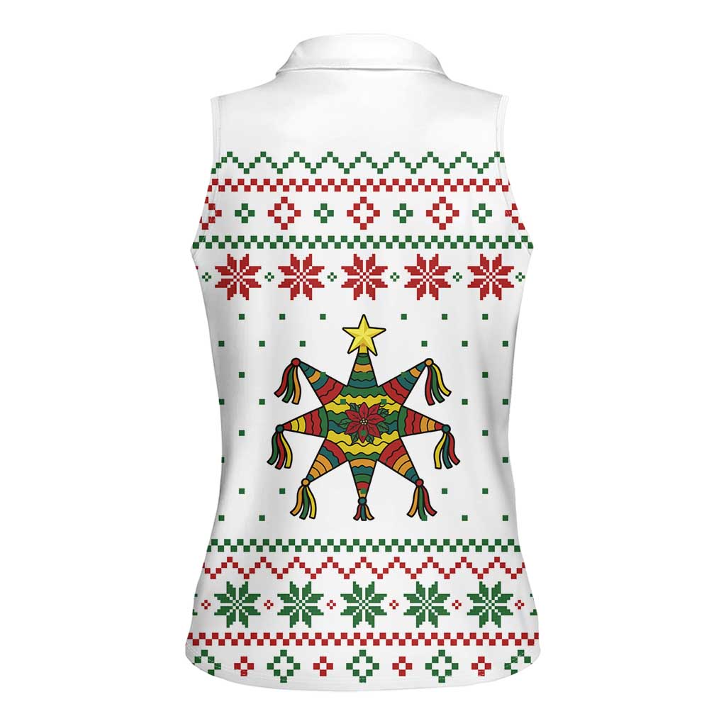 Mexico Christmas Women Sleeveless Polo Shirt with Piñata Star Design and Red Green Snowflake Pattern - Wonder Print Shop
