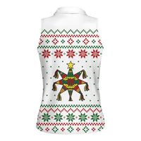 Mexico Christmas Women Sleeveless Polo Shirt with Piñata Star Design and Red Green Snowflake Pattern - Wonder Print Shop