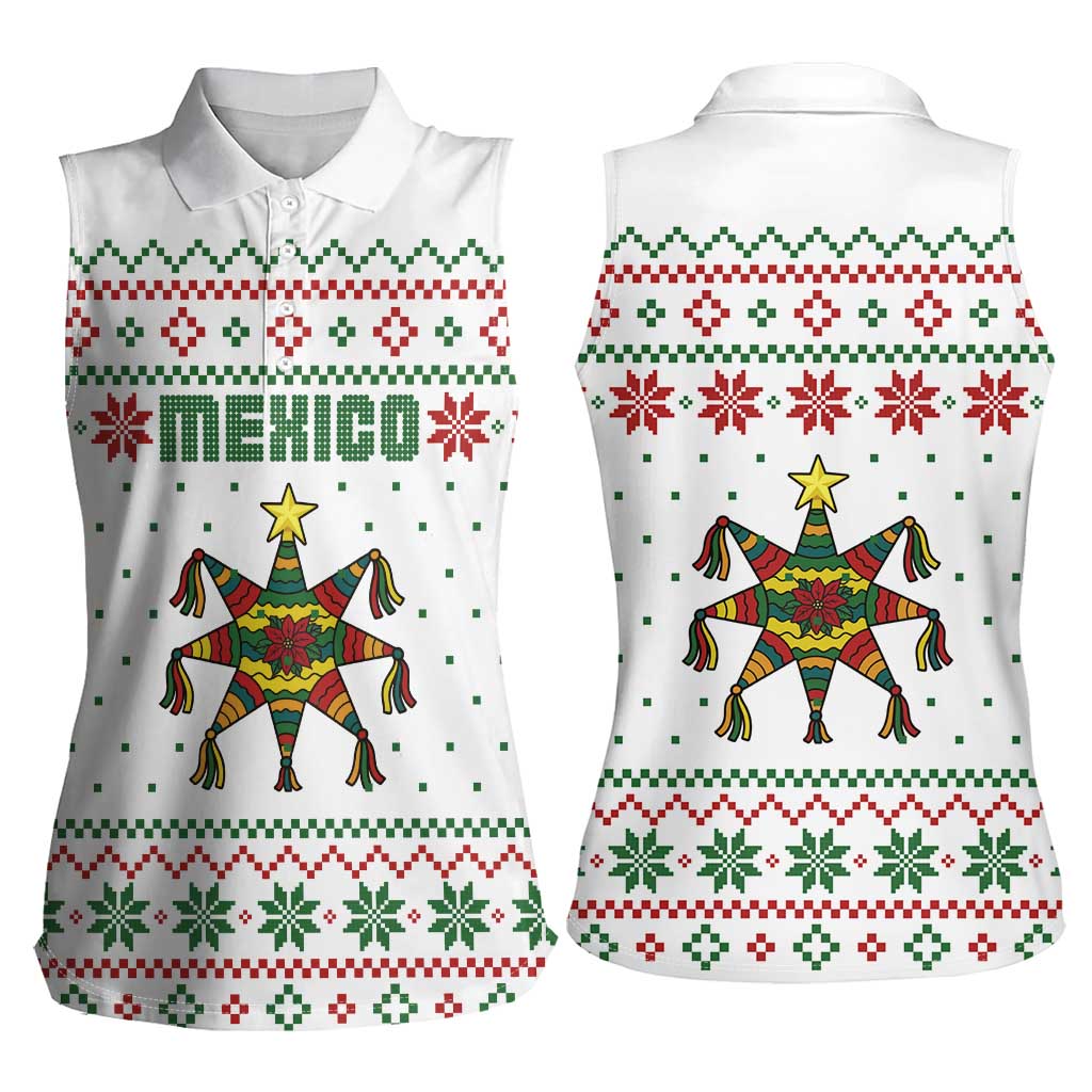 Mexico Christmas Women Sleeveless Polo Shirt with Piñata Star Design and Red Green Snowflake Pattern - Wonder Print Shop