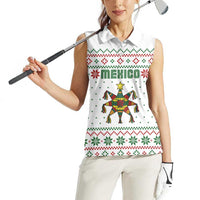 Mexico Christmas Women Sleeveless Polo Shirt with Piñata Star Design and Red Green Snowflake Pattern - Wonder Print Shop