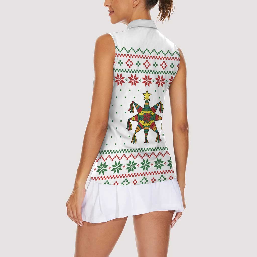 Mexico Christmas Women Sleeveless Polo Shirt with Piñata Star Design and Red Green Snowflake Pattern - Wonder Print Shop