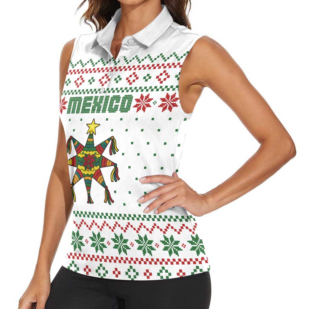 Mexico Christmas Women Sleeveless Polo Shirt with Piñata Star Design and Red Green Snowflake Pattern - Wonder Print Shop