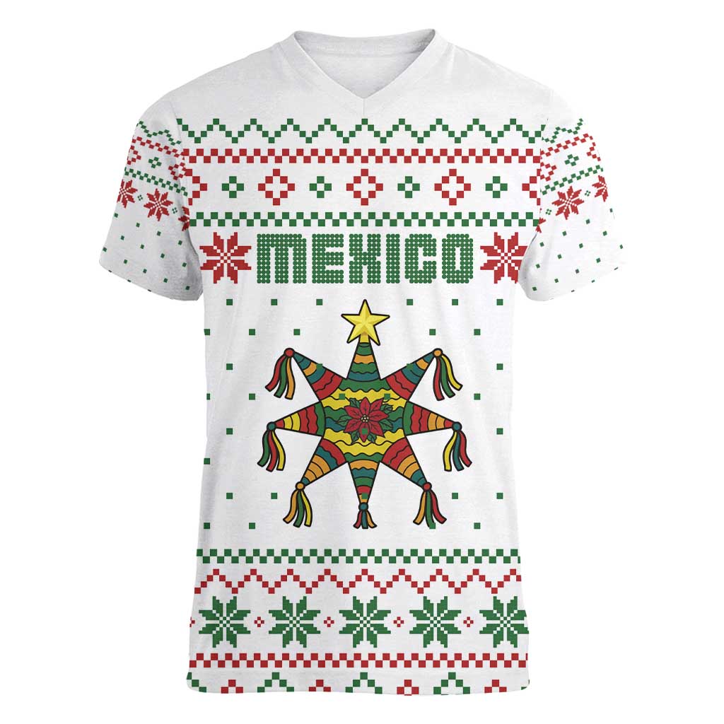 Mexico Christmas Women V-Neck T-Shirt with Piñata Star Design and Red Green Snowflake Pattern - Wonder Print Shop