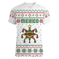 Mexico Christmas Women V-Neck T-Shirt with Piñata Star Design and Red Green Snowflake Pattern - Wonder Print Shop