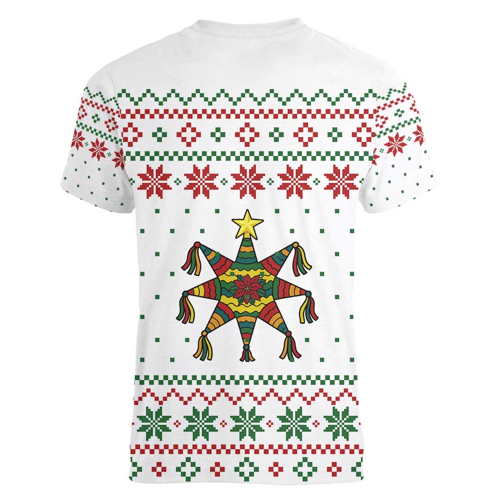 Mexico Christmas Women V-Neck T-Shirt with Piñata Star Design and Red Green Snowflake Pattern - Wonder Print Shop