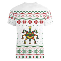 Mexico Christmas Women V-Neck T-Shirt with Piñata Star Design and Red Green Snowflake Pattern - Wonder Print Shop