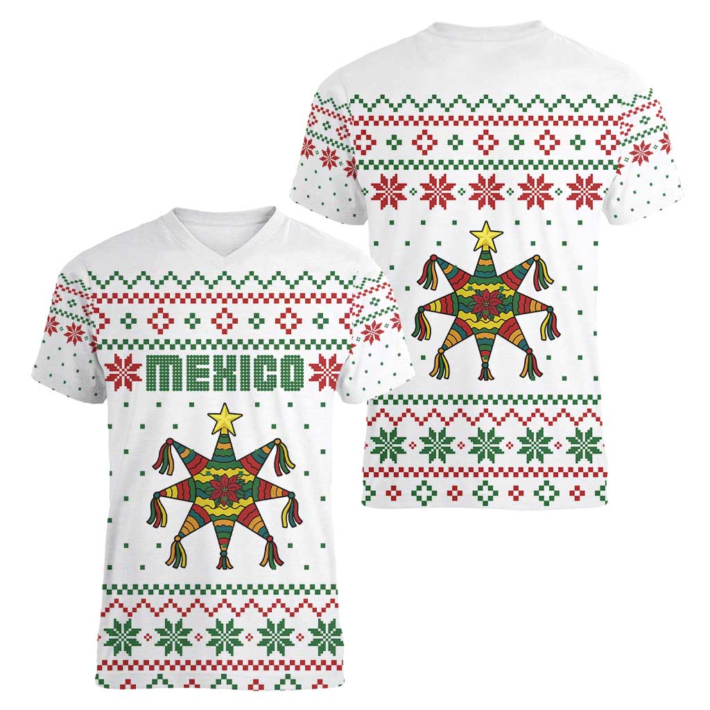 Mexico Christmas Women V-Neck T-Shirt with Piñata Star Design and Red Green Snowflake Pattern - Wonder Print Shop