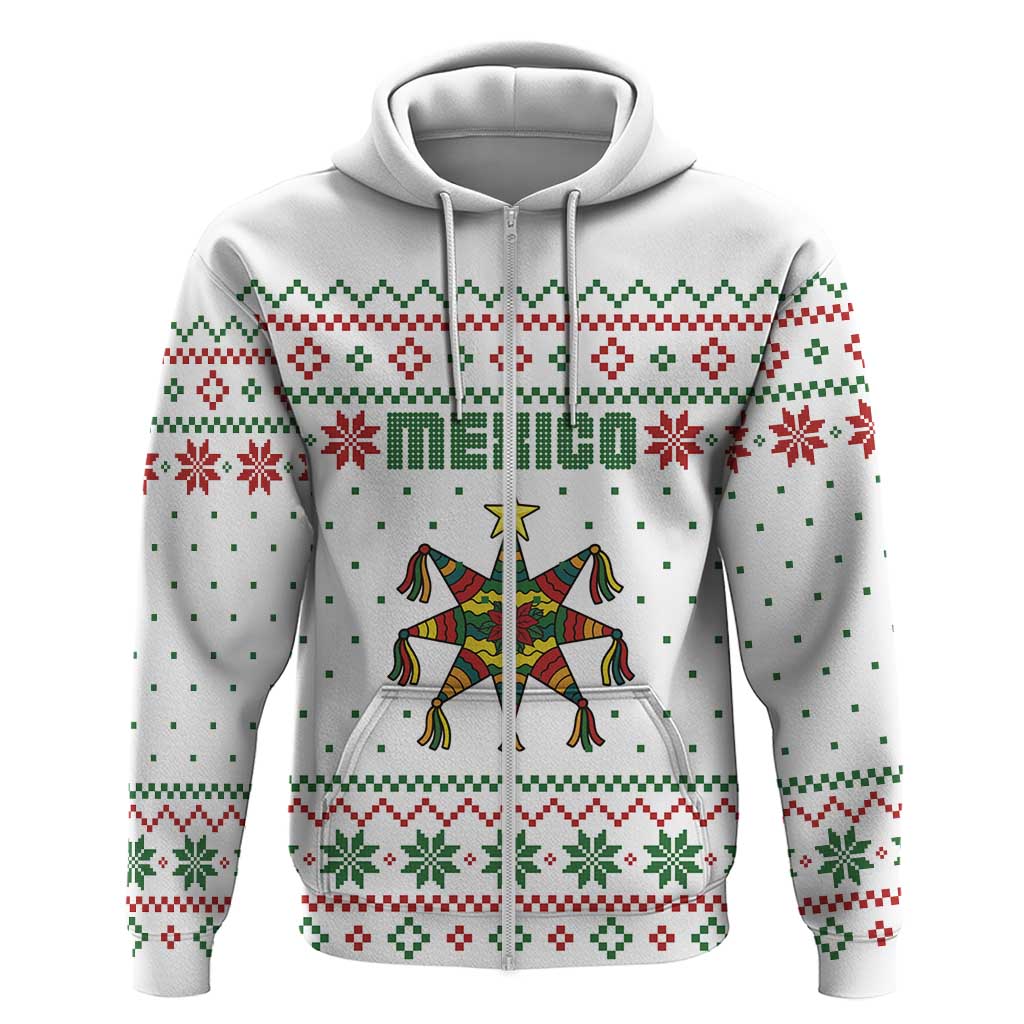 Mexico Christmas Zip Hoodie with Piñata Star Design and Red Green Snowflake Pattern - Wonder Print Shop