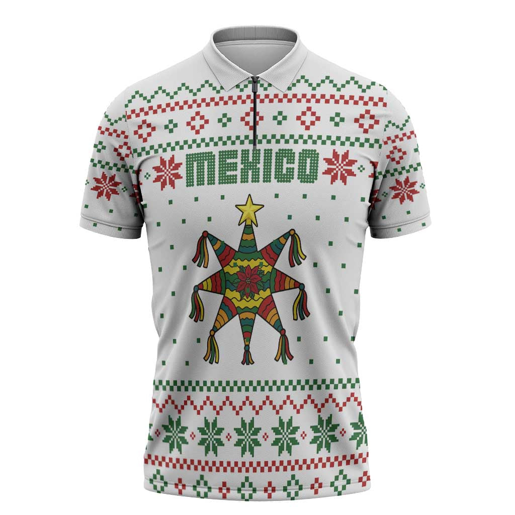 Mexico Christmas Zipper Polo Shirt with Piñata Star Design and Red Green Snowflake Pattern - Wonder Print Shop