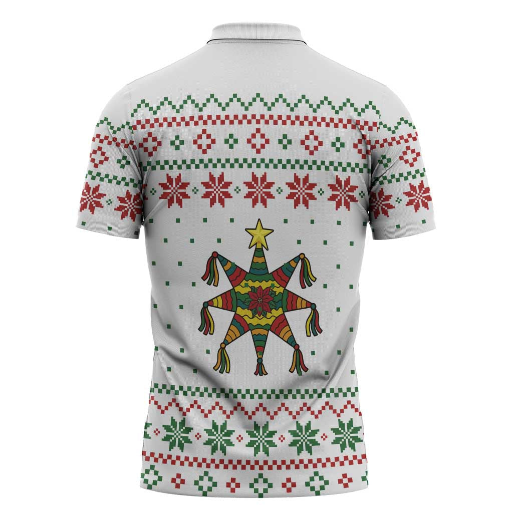 Mexico Christmas Zipper Polo Shirt with Piñata Star Design and Red Green Snowflake Pattern - Wonder Print Shop