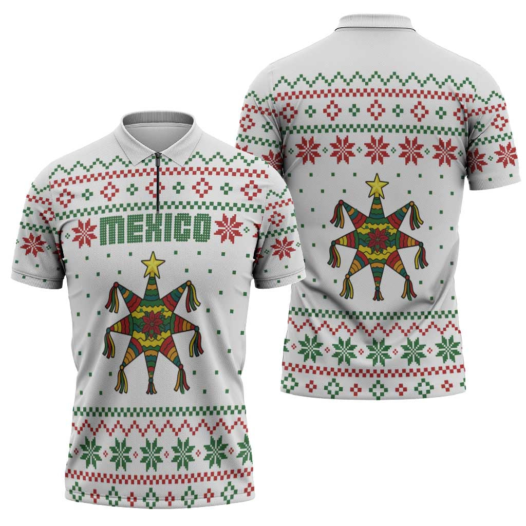 Mexico Christmas Zipper Polo Shirt with Piñata Star Design and Red Green Snowflake Pattern - Wonder Print Shop