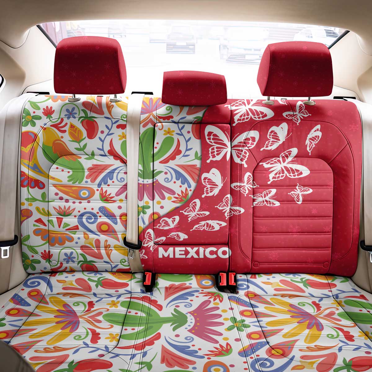 Mexico Christmas Back Car Seat Cover with Butterfly Cactus and Colorful Floral Folk Art - Wonder Print Shop