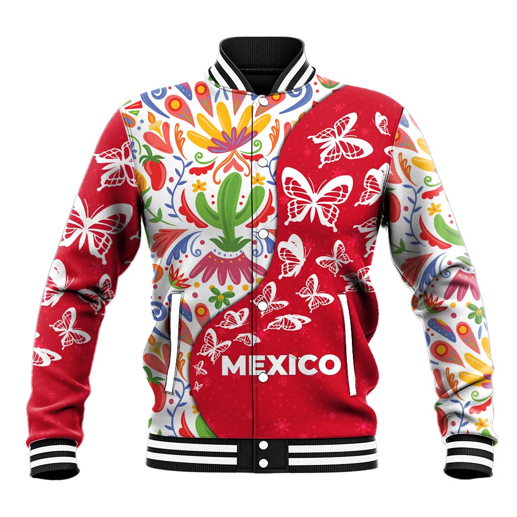 Mexico Christmas Baseball Jacket with Butterfly Cactus and Colorful Floral Folk Art - Wonder Print Shop