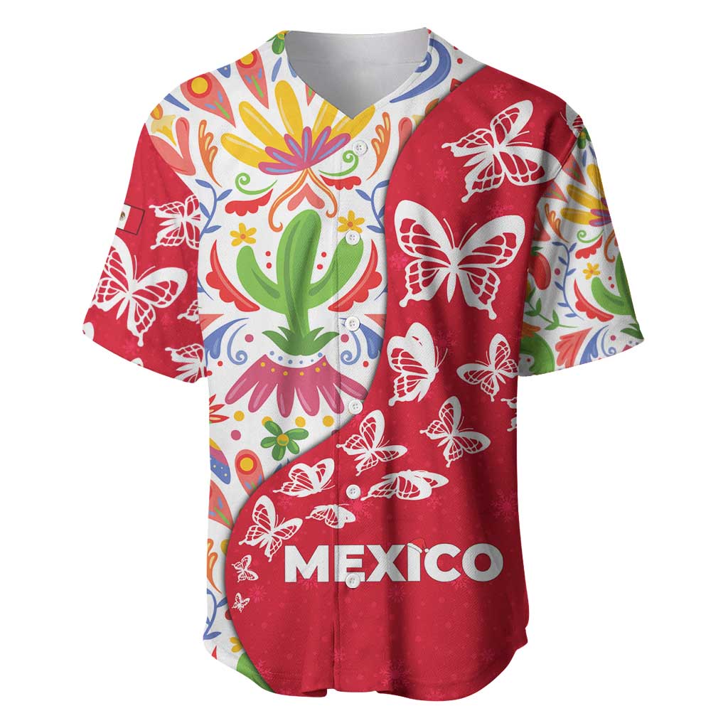 Mexico Christmas Baseball Jersey with Butterfly Cactus and Colorful Floral Folk Art - Wonder Print Shop