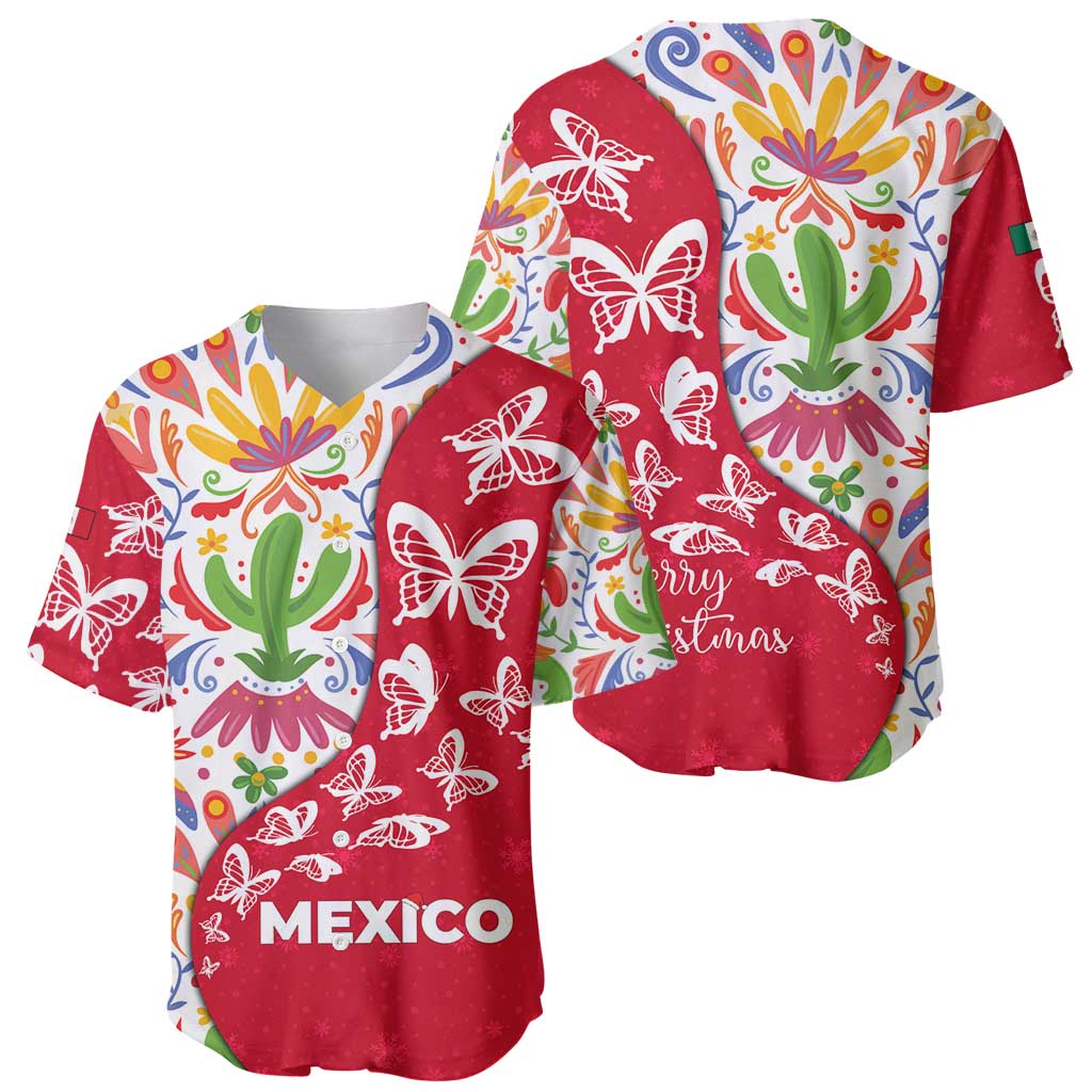 Mexico Christmas Baseball Jersey with Butterfly Cactus and Colorful Floral Folk Art - Wonder Print Shop