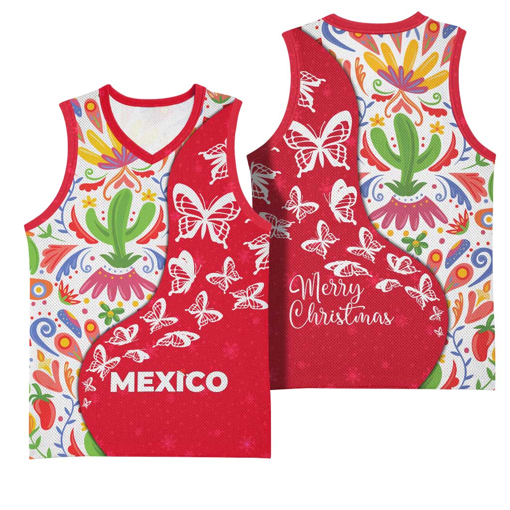 Mexico Christmas Basketball Jersey with Butterfly Cactus and Colorful Floral Folk Art - Wonder Print Shop