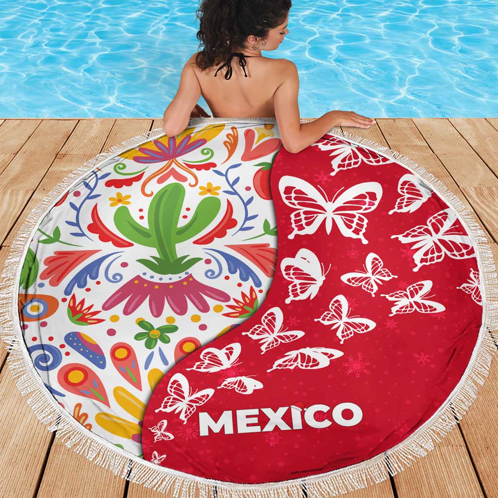 Mexico Christmas Beach Blanket with Butterfly Cactus and Colorful Floral Folk Art - Wonder Print Shop