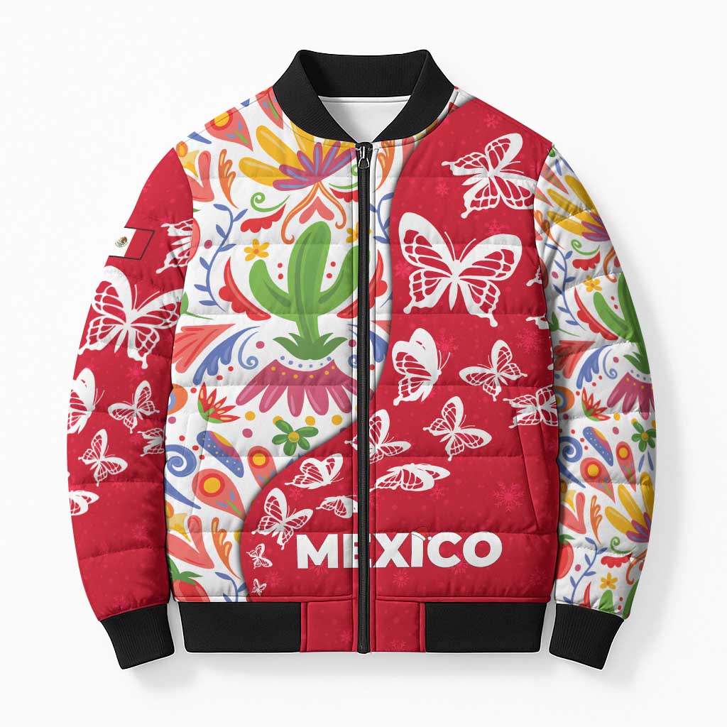 Mexico Christmas Bomber Puffer Jacket with Butterfly Cactus and Colorful Floral Folk Art - Wonder Print Shop